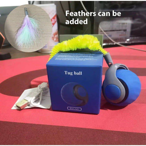 Automatic cat toy car with silicone spike ball in blue rolling on wooden floor