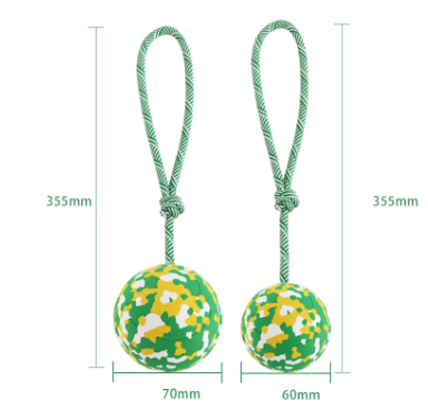 Natural rubber dog ball attached to a nylon rope for fetch and tug-of-war games.