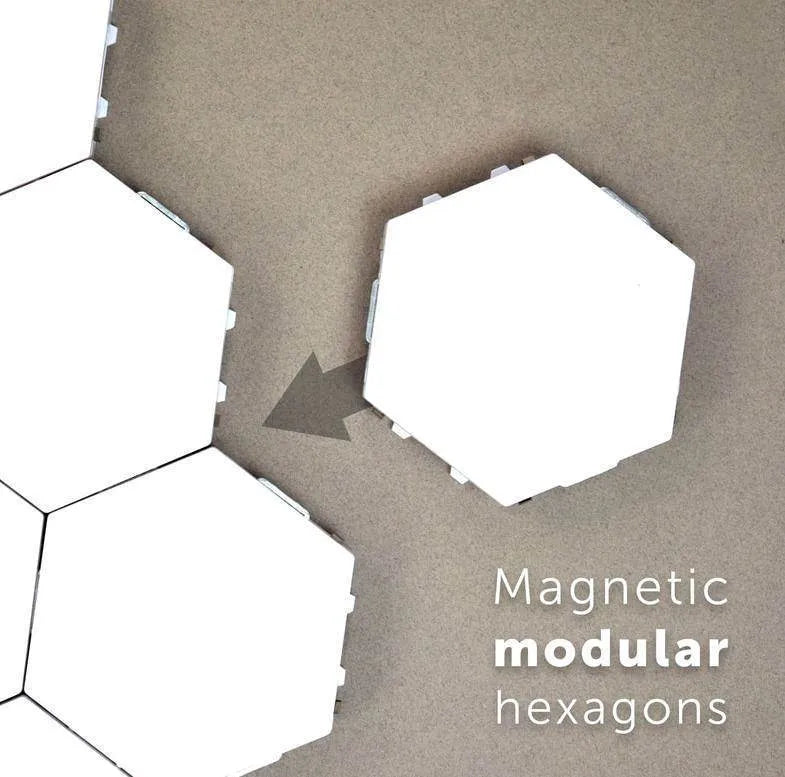 Helios modular honeycomb wall lamp panels in assembled geometric pattern with touch activation
