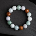 Women's jade bracelet with green, lavender and white beads showing certificate