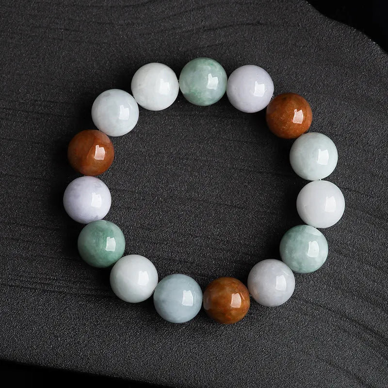 Women's jade bracelet with green, lavender and white beads showing certificate