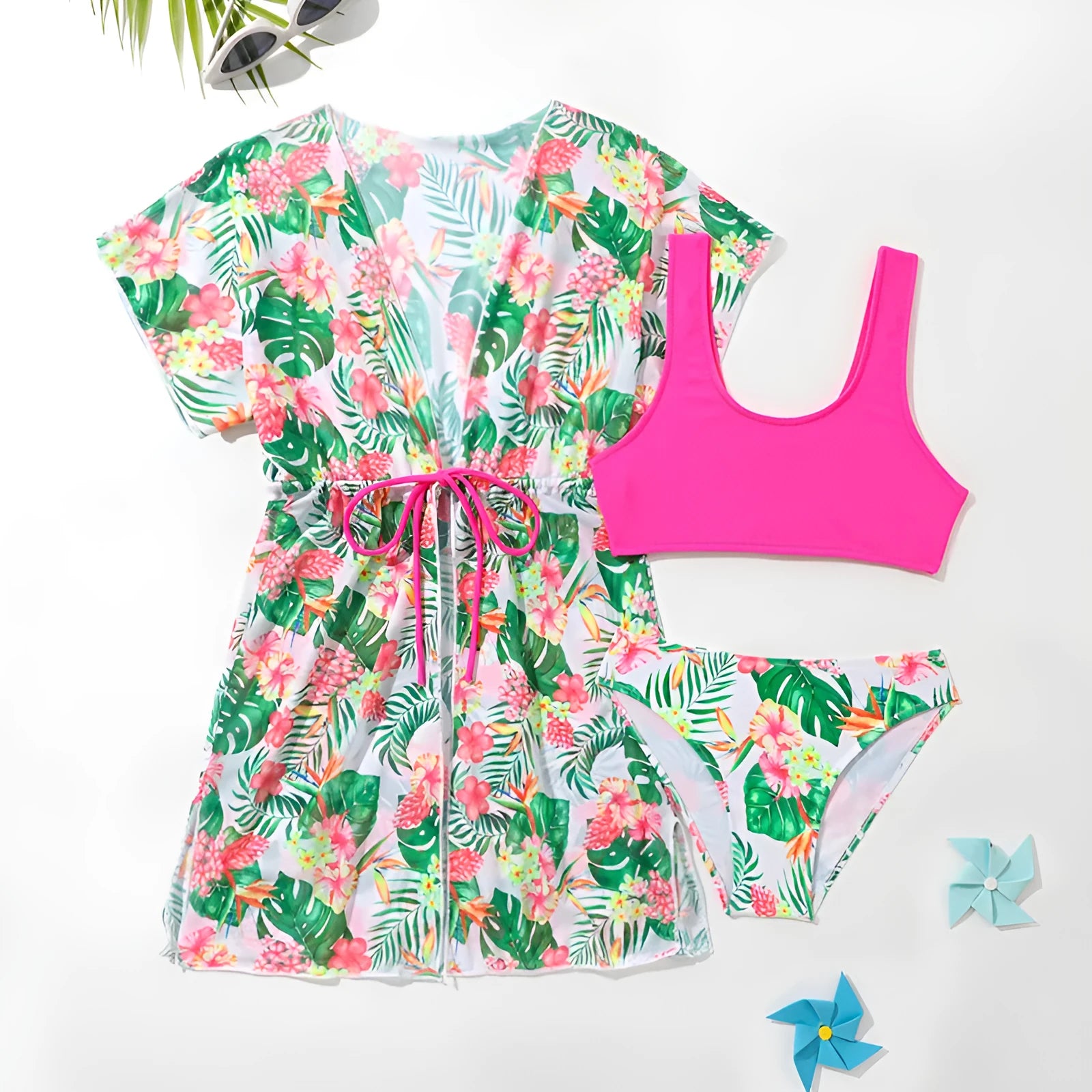 Girls floral print two-piece swimsuit set in high elasticity polyester fabric.
