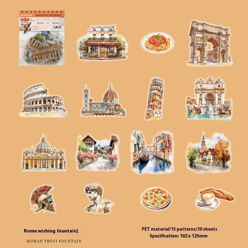 Retro style architecture journal stickers showing Paris Arc de Triomphe, London Big Ben, Maldives, Zurich, Rome, and Bangkok designs