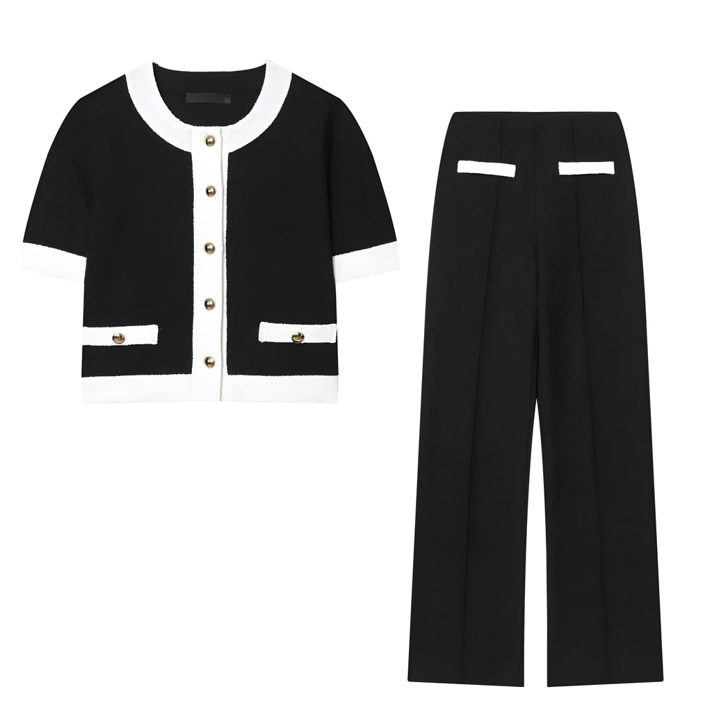 Women's polyester two-piece suit with beaded leather detail on top and high-waisted trousers