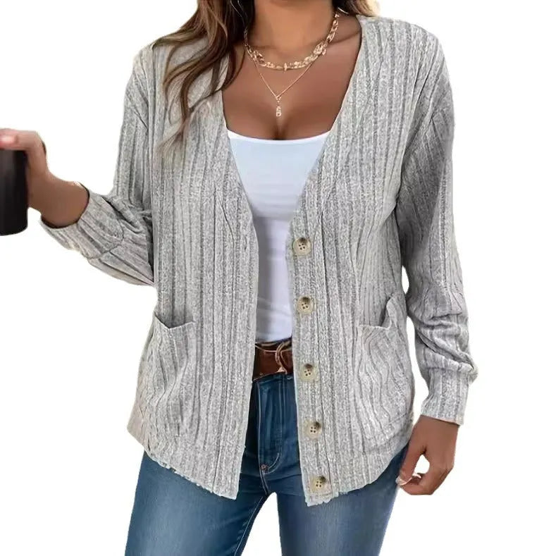 Women's loose fit V-neck long sleeve button front cardigan in light gray, available in sizes S to 5XL