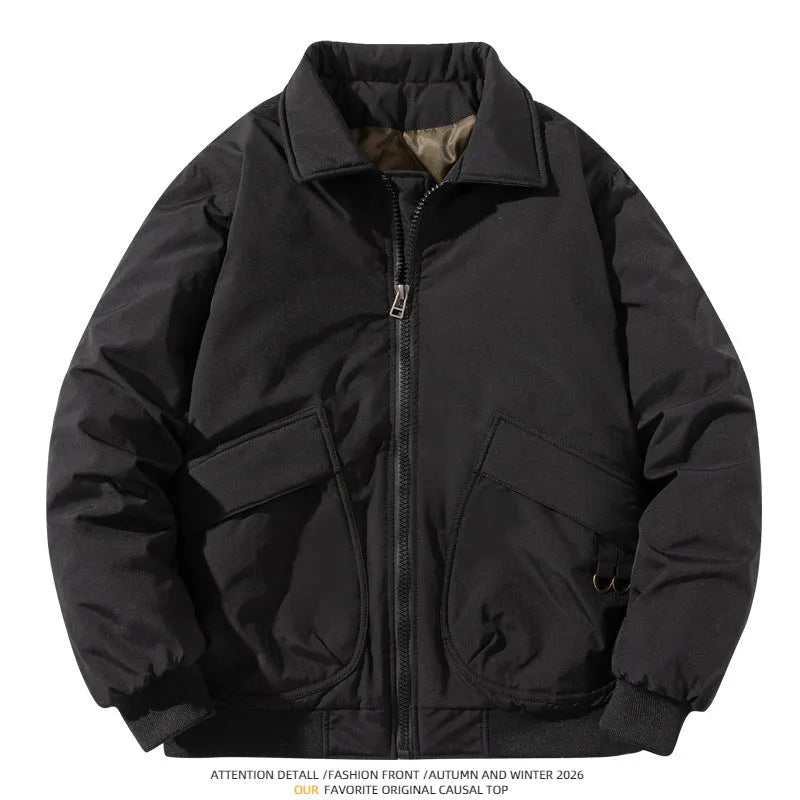 Men's loose fit bomber jacket with raglan sleeves, available in black, army green or light green, winter thickened or thin.