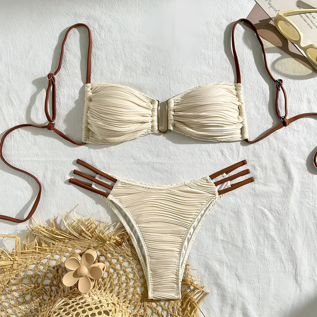 Women's polyester three-point bikini set in striped pattern, khaki and white colours, front view