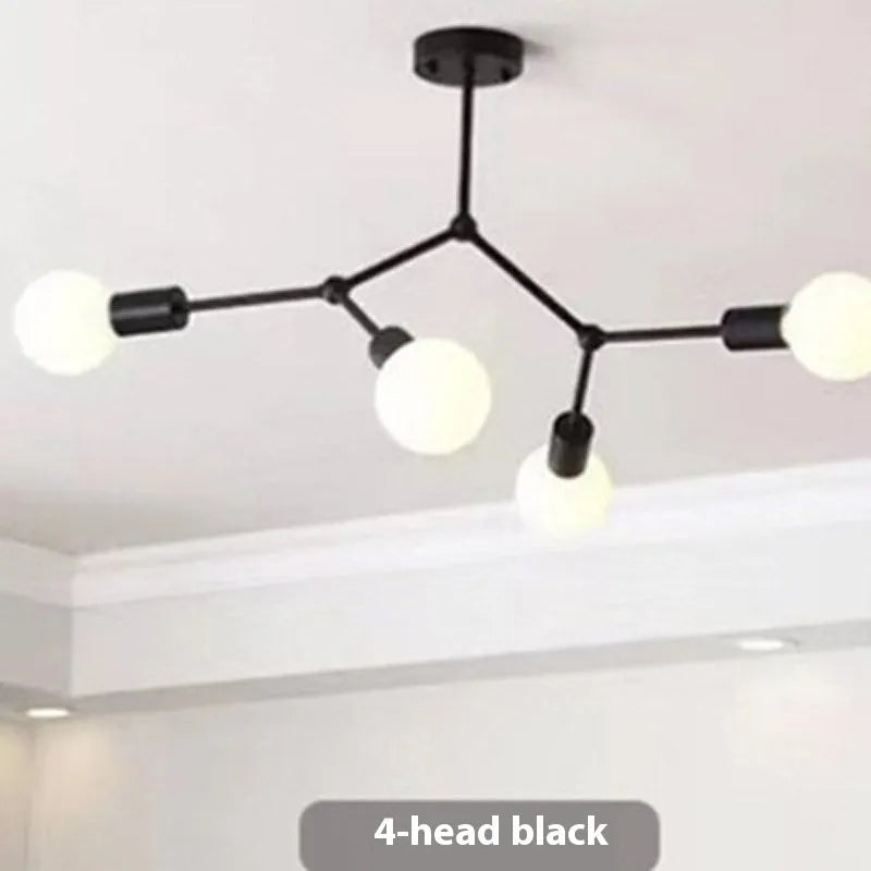 Nordic style iron chandelier ceiling lamp in black or white with multiple light heads.