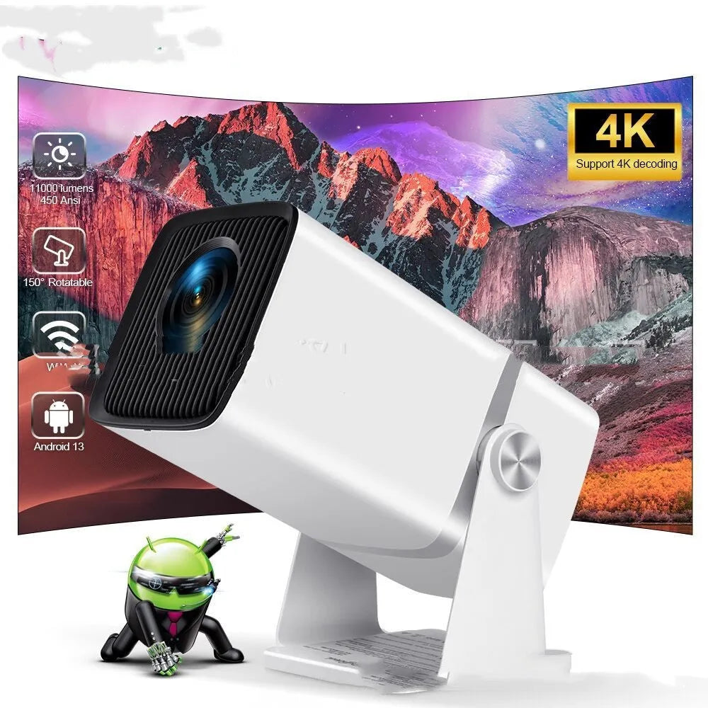 Black portable Full HD projector with Android 13, 11000 lumens, remote control, and power cable on table
