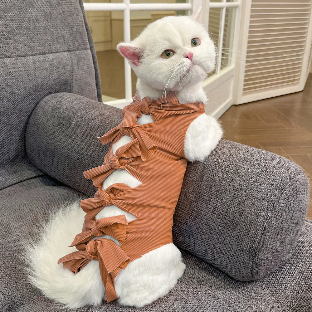Lace-up cat sterilisation clothing in polyester fabric showing adjustable fastening and available colour options
