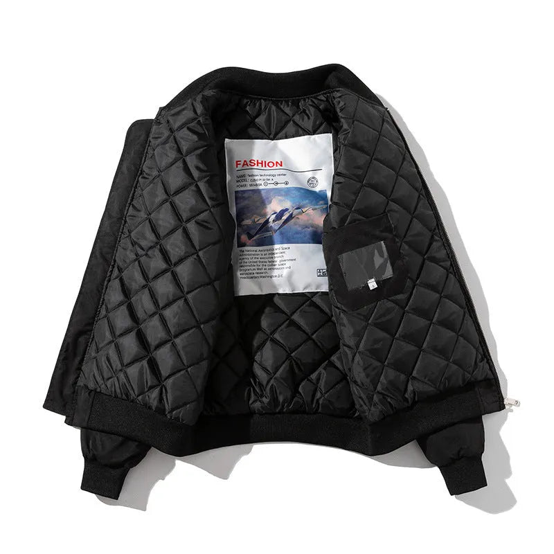 Men's thick loose pilot cotton-padded coat in black with hood, polyester fibre filling, winter jacket