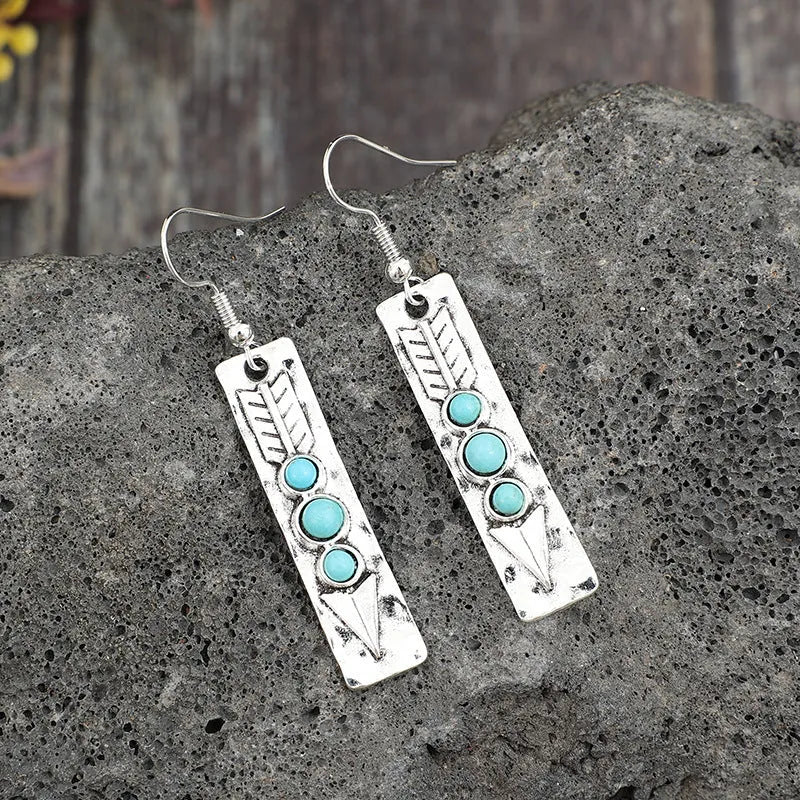 Silver geometric earrings with turquoise inlay on long strip design, retro style women's jewellery
