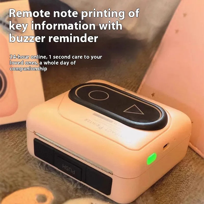 Portable Bluetooth mini thermal printer in avocado green with mobile phone showing wireless connection
