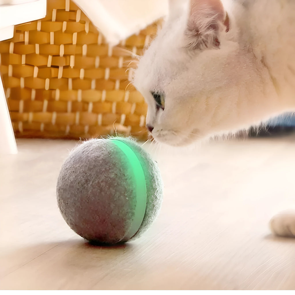 Interactive cat toy bouncing ball with LED lights in blue, USB rechargeable, 3-inch diameter, eco-friendly silicone
