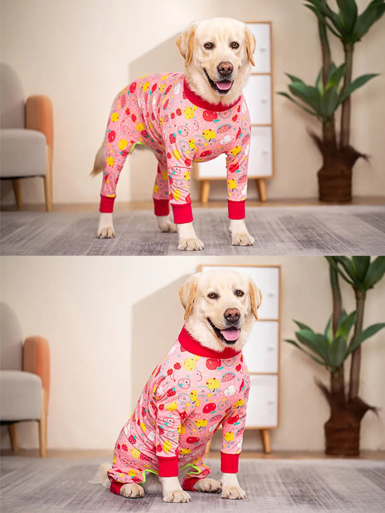 Cotton four-legged pet clothing in dinosaur design with full belly coverage, available in sizes 26 to 38 yards
