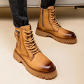 Men's Martin high-top PU leather boots with buckle closure in black on a white background showing side profile