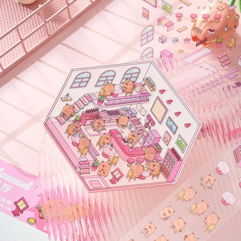 Capabala pre-cut three-dimensional cartoon shop landscape stickers in eight colour themes on a PET sheet.
