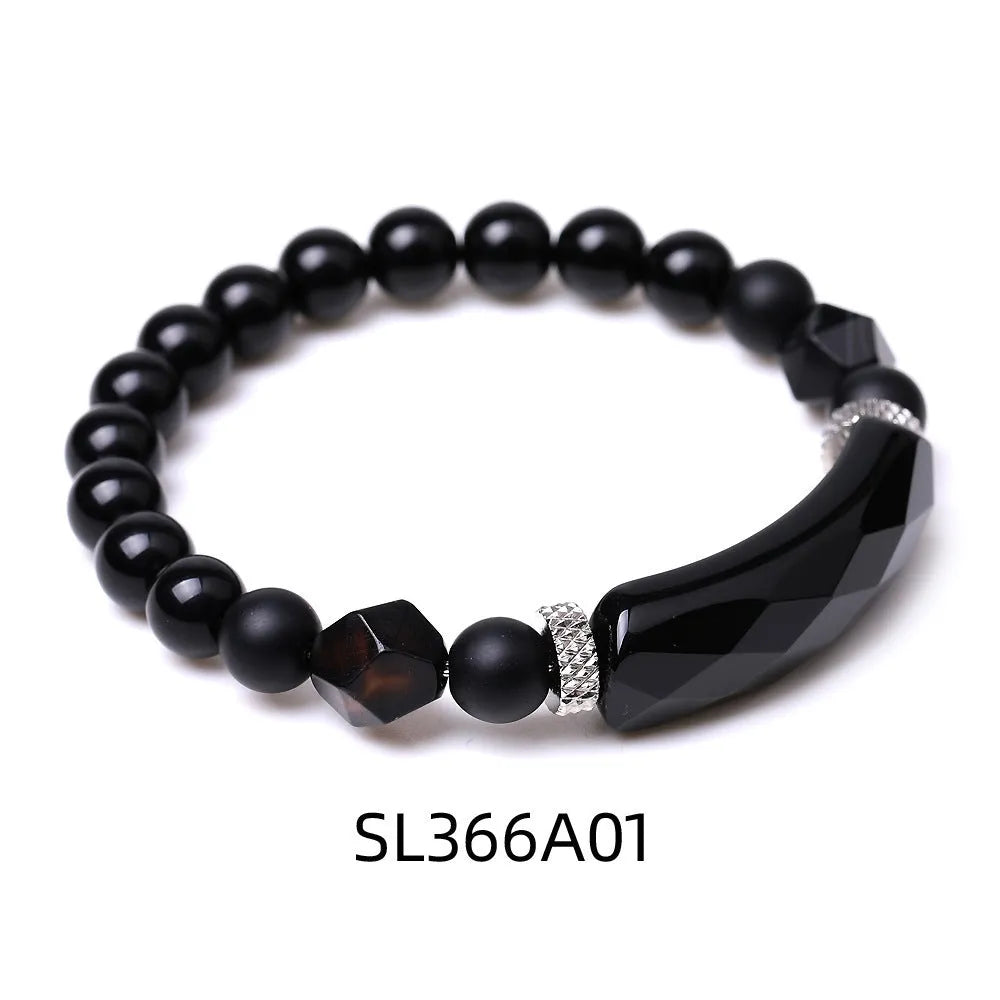 Handmade diamond-cut geometric agate bracelet with faceted beads and fan-shaped design elements
