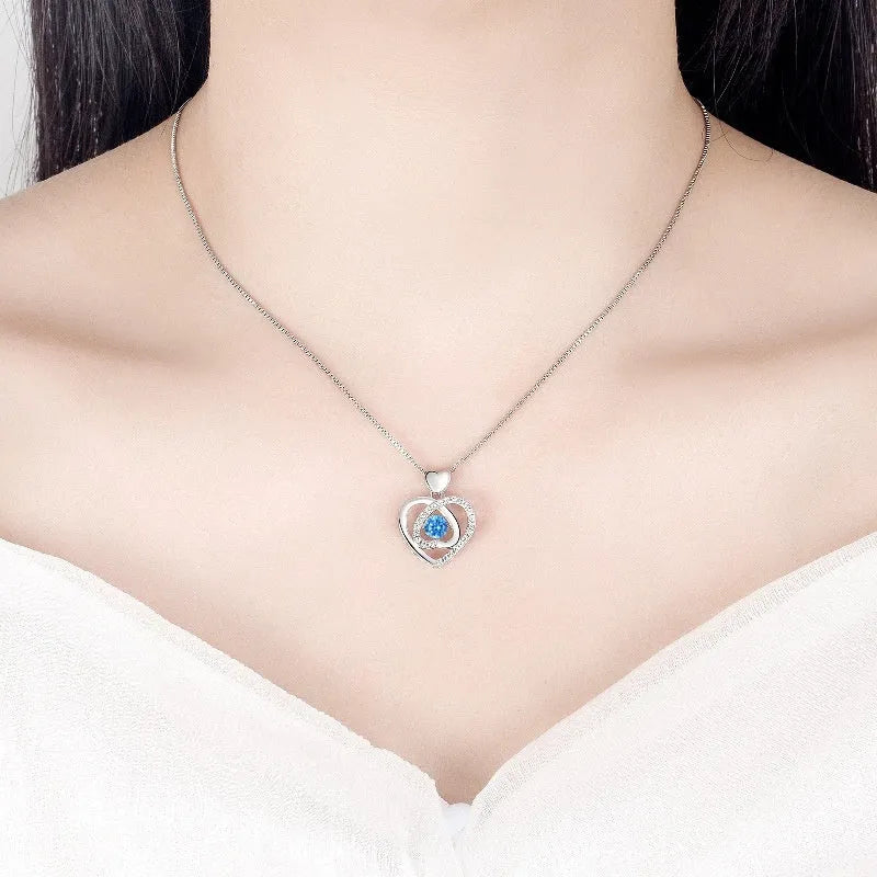 Blue diamond heart necklace and bracelet set with geometric pendant on adjustable chain