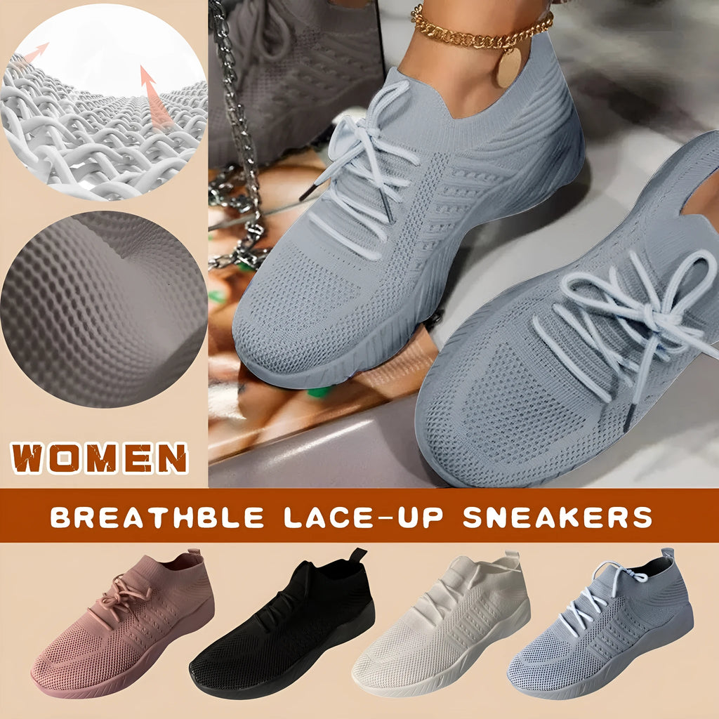 Women's solid colour platform lace-up flying knitted sneakers in white with round toe and wedge heel