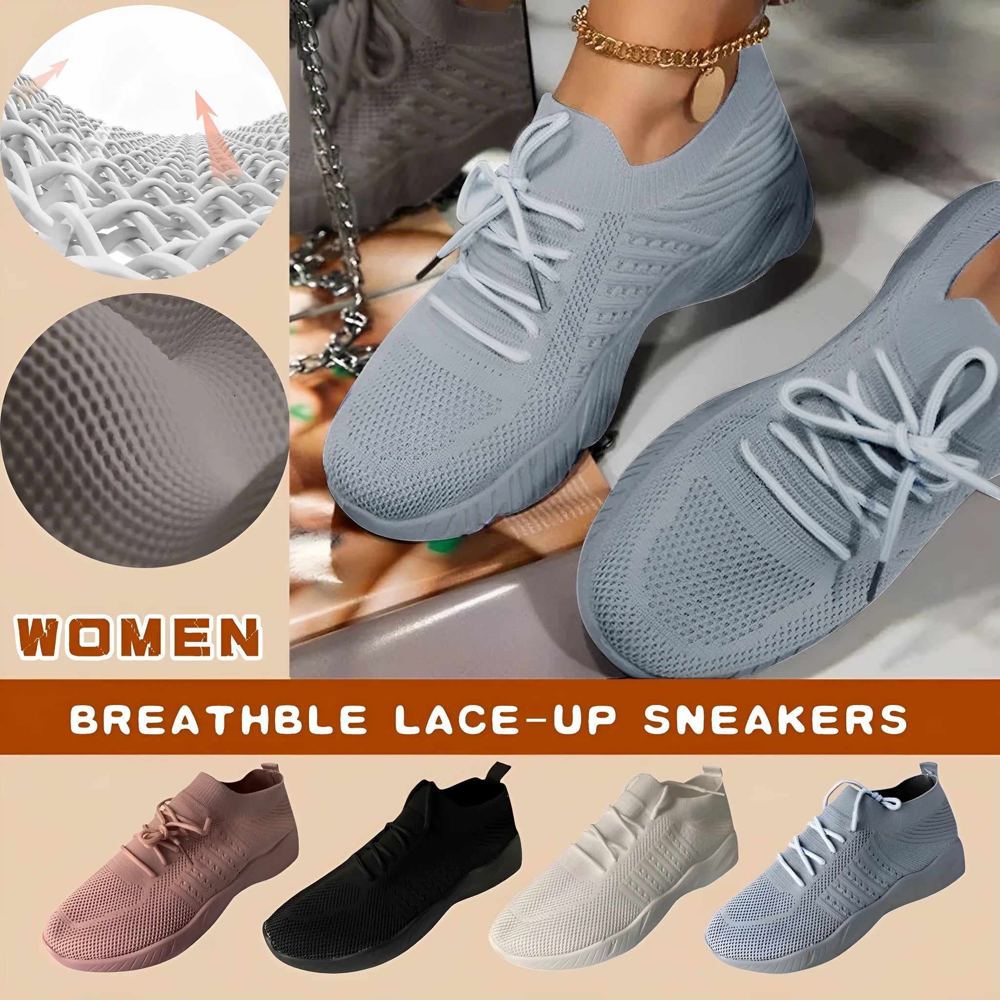 Women's solid colour platform lace-up flying knitted sneakers in white with round toe and wedge heel