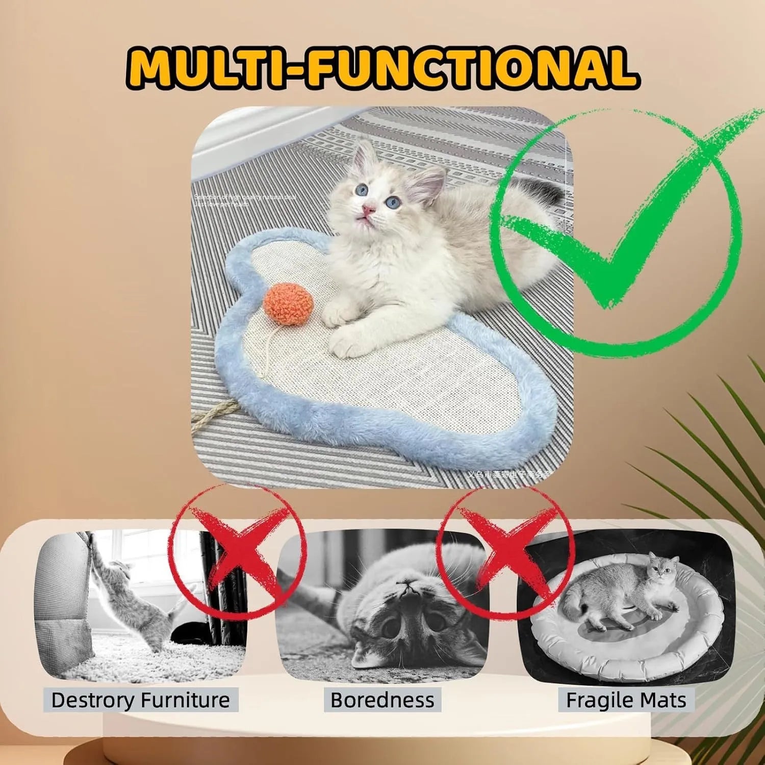 White wall-mounted cat scratching mat with natural sisal surface in a sleeping cat cartoon design.