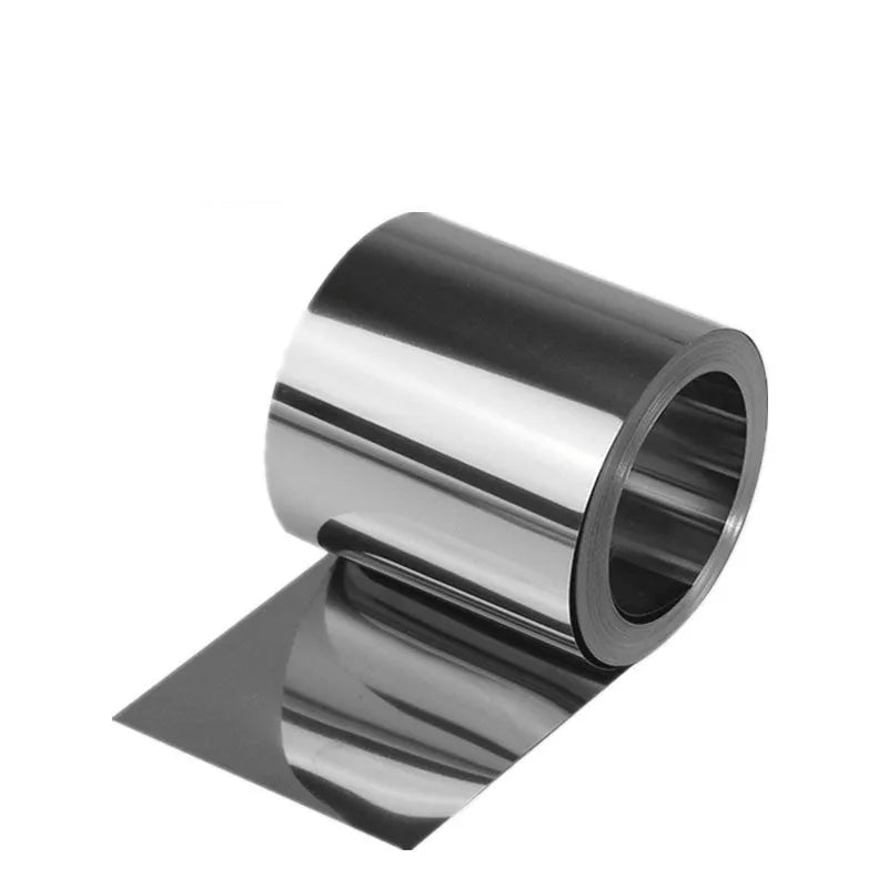 A one-metre strip of thin 304 stainless steel sheet with a brown leather backing.