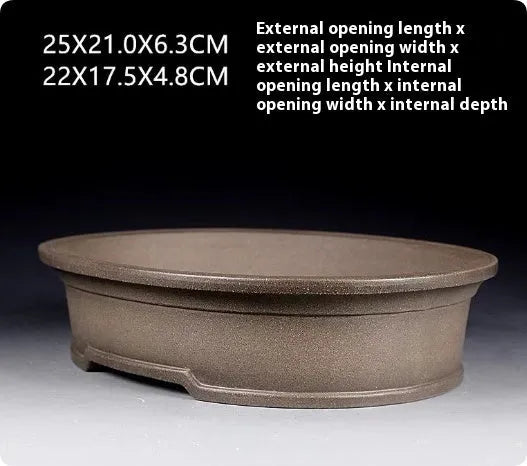 Handmade antique oval purple sand ceramic bonsai pot with shallow 6.3cm height.