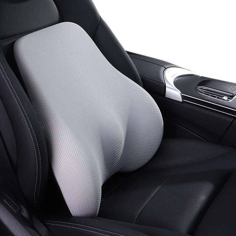 Ergonomic car headrest and lumbar support cushion with BASF memory foam in breathable starry sky net fabric on a car seat