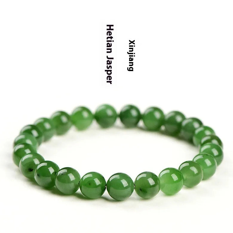 Natural Jasper bead bracelet on Hetian jade string showing polished stones in various sizes.