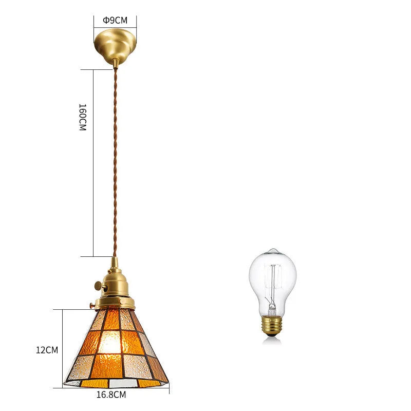 Japanese retro brass and glass chandelier with hand-blown shades and walnut ceiling plate