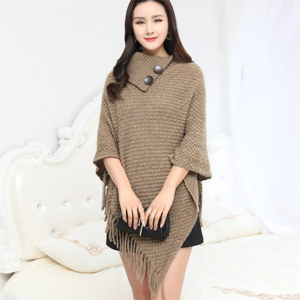 Sleeveless knit shawl with dotted pattern in khaki colour, acrylic fibre, free size, worn over shoulders