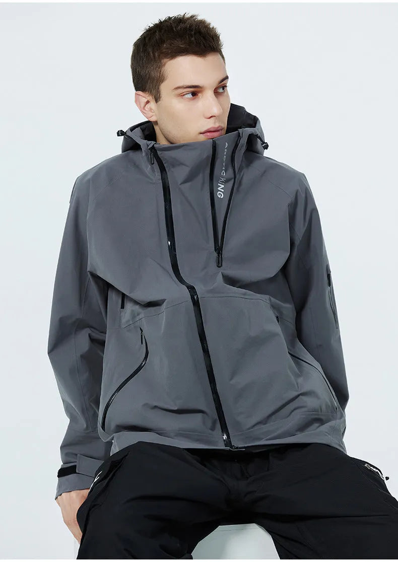 Unisex windproof waterproof ski suit in yellow, black, grey, or liner, sizes XS to XL.