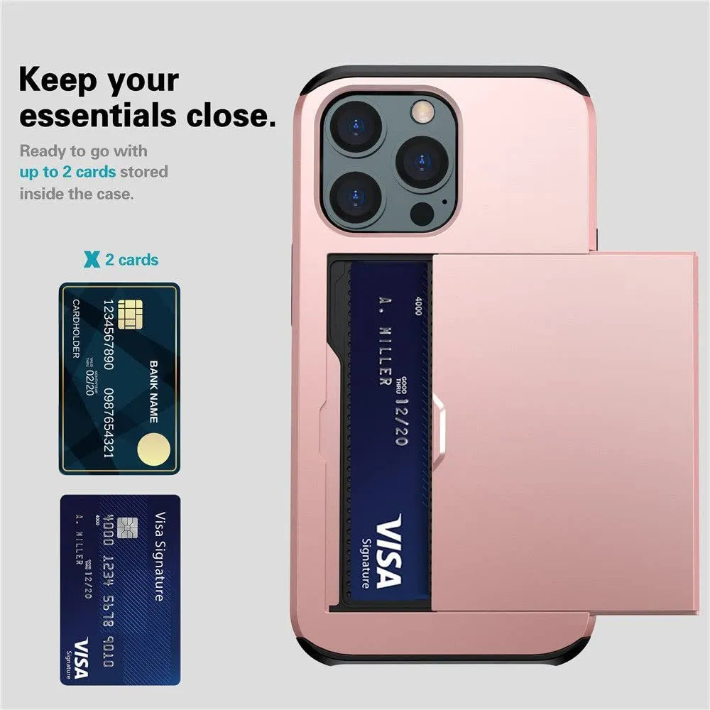 SGP Card sliding cover wallet case for iPhone 13 in army green colour showing card slot.