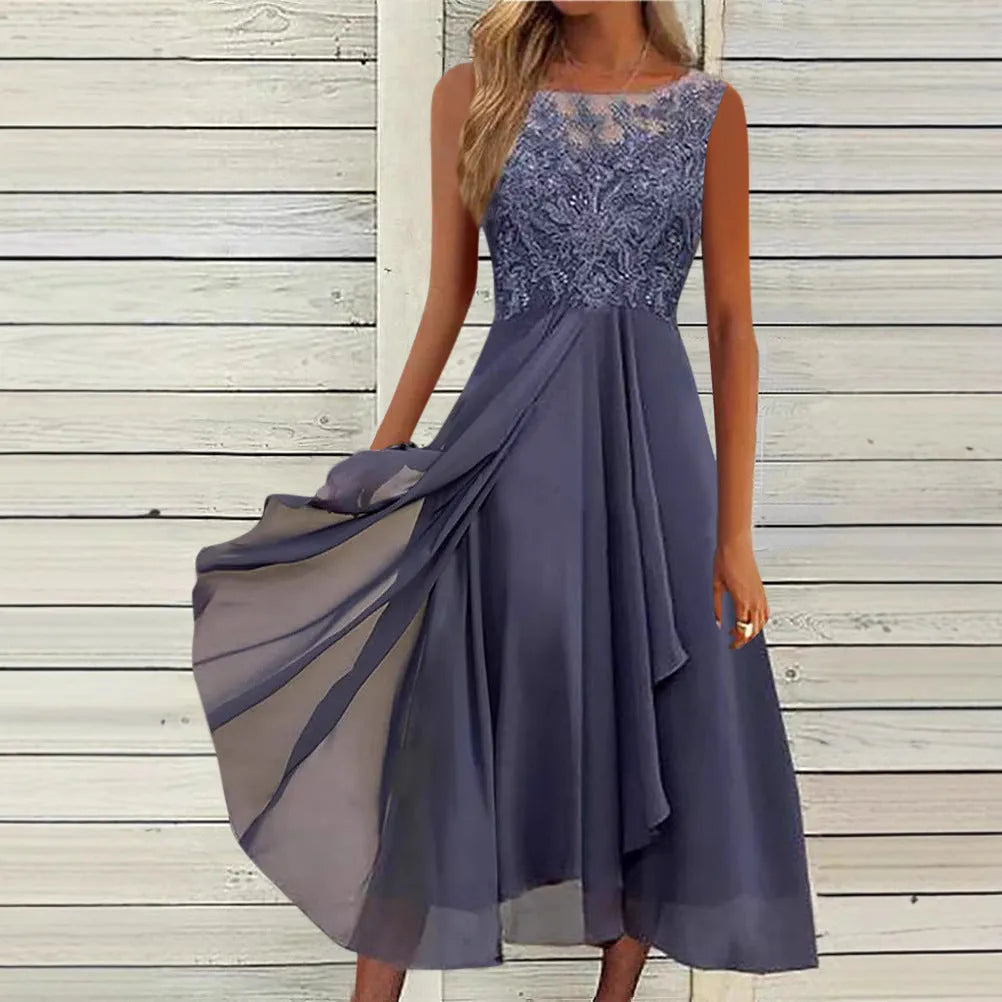 Women's sleeveless stitching lace and chiffon dress in blue, green, or purple, showing midi length and princess style.