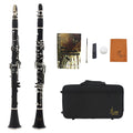 Black Bakelite 17-key B-flat beginner clarinet with nickel-plated keys and a carry bag.