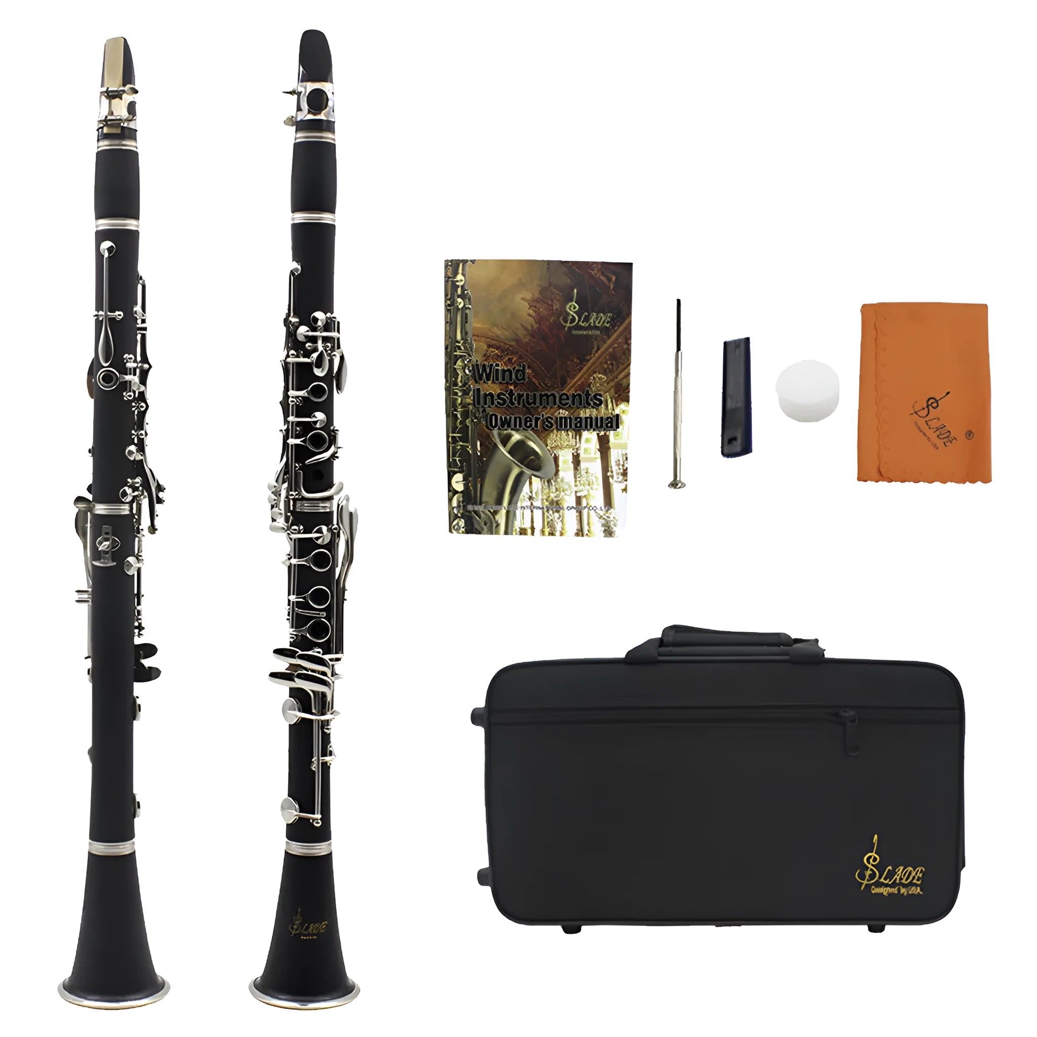 Black Bakelite 17-key B-flat beginner clarinet with nickel-plated keys and a carry bag.