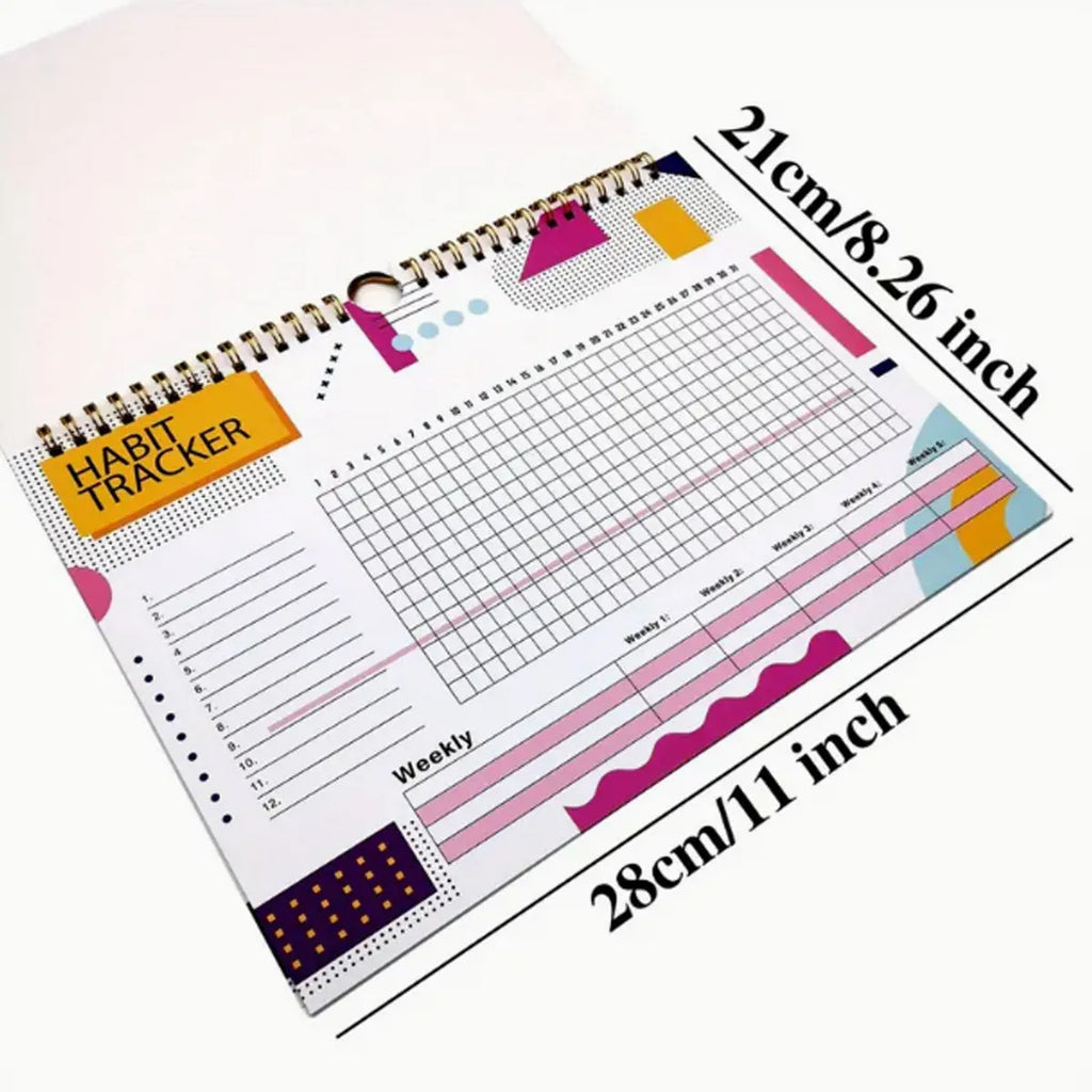 Habit tracking journal with 12 pages measuring 21cm by 28cm in four colour options
