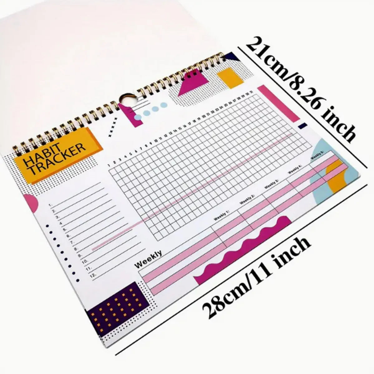 Habit tracking journal with 12 pages measuring 21cm by 28cm in four colour options