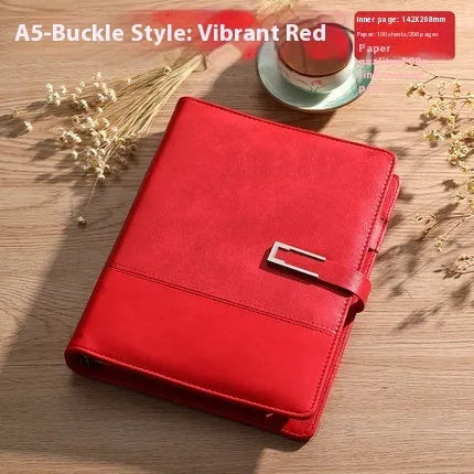 A5 leather notebook in choice of colours with gift box, open to show wood-free paper.