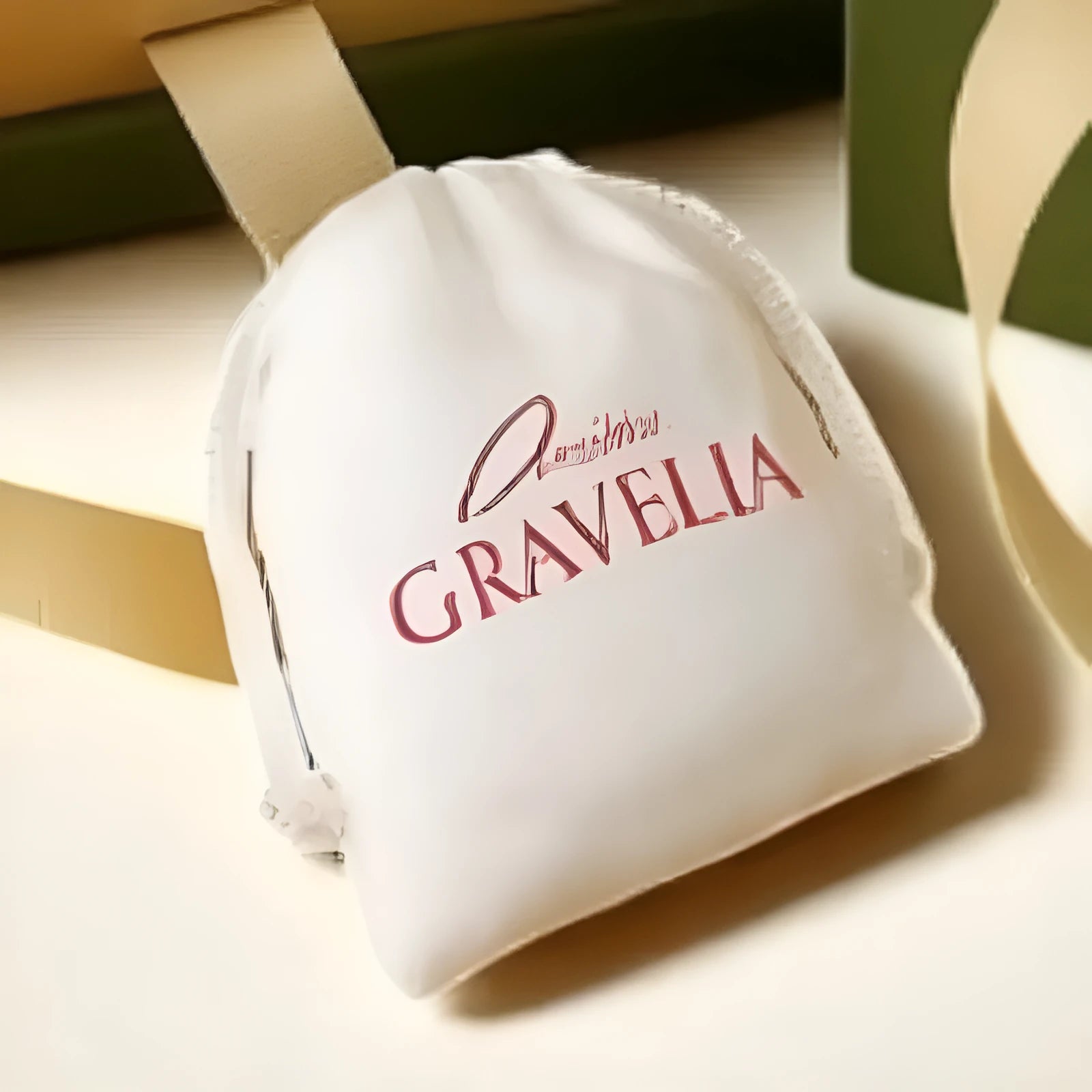 White drawstring cloth jewellery bag with heat transfer print and flocked interior, 12x15cm