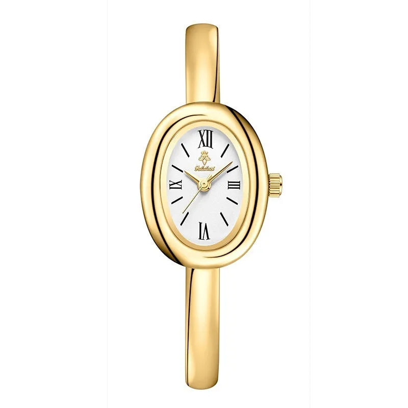 Women's retro oval quartz watch with 8mm thickness in gold colour variant