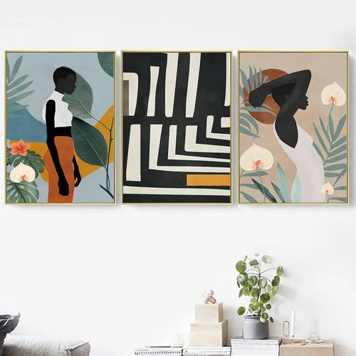 Abstract African women flower leaf mural art canvas painting frameless rectangle modern wall decor