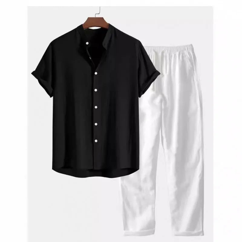 Men's loose-fit linen-look shirt and trousers casual suit set in a solid colour