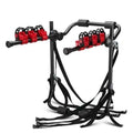 Black and red trunk mounted car bike rack with tie rope fastening, showing iron frame and sponge padding.