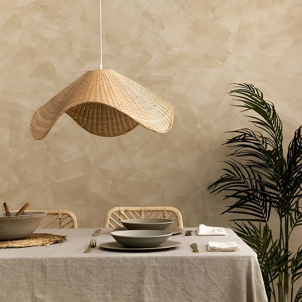 Handmade bamboo and rattan pendant ceiling lamp with a woven willow shade in warm white light.