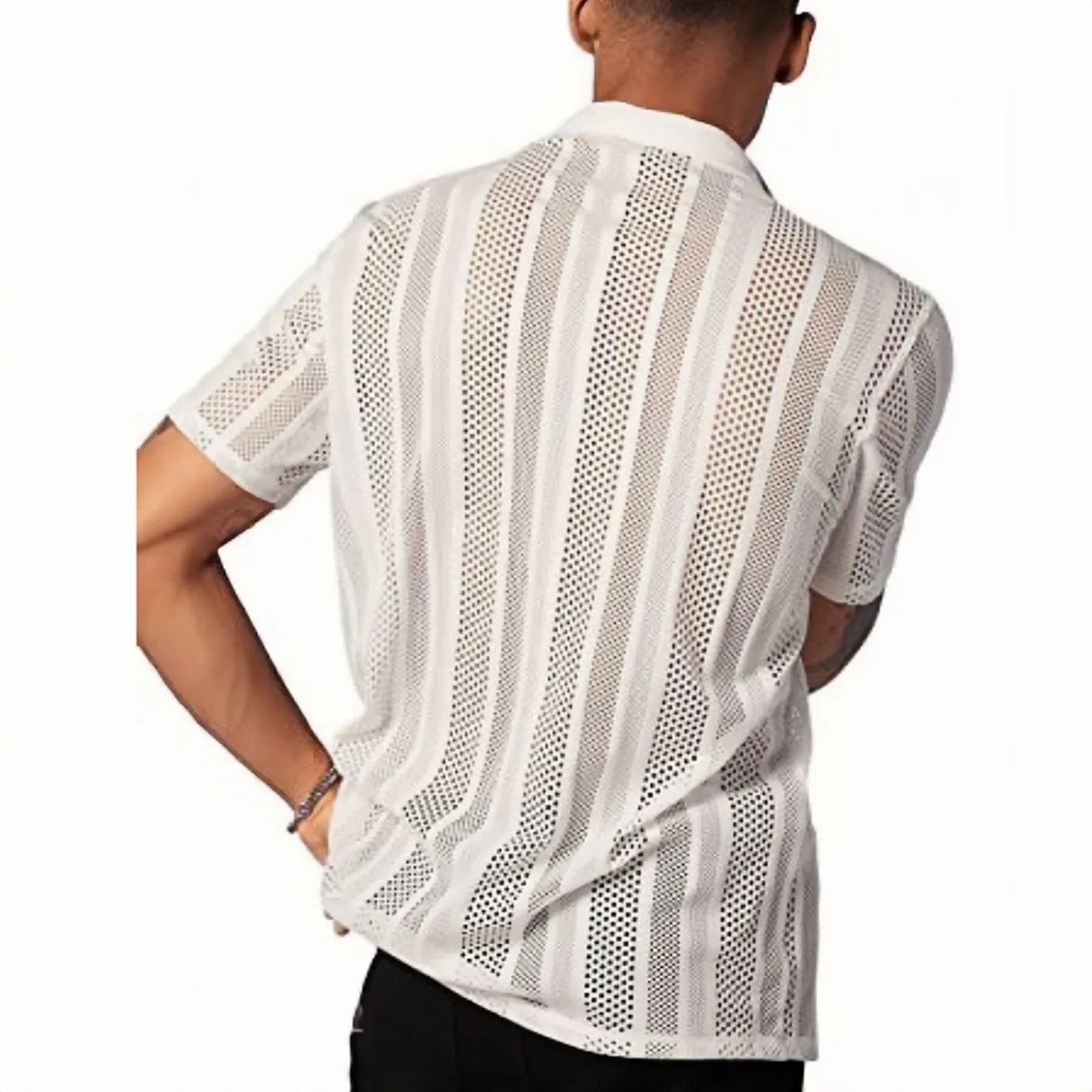 Men's white knitted short-sleeve button shirt with jacquard texture in cardigan style