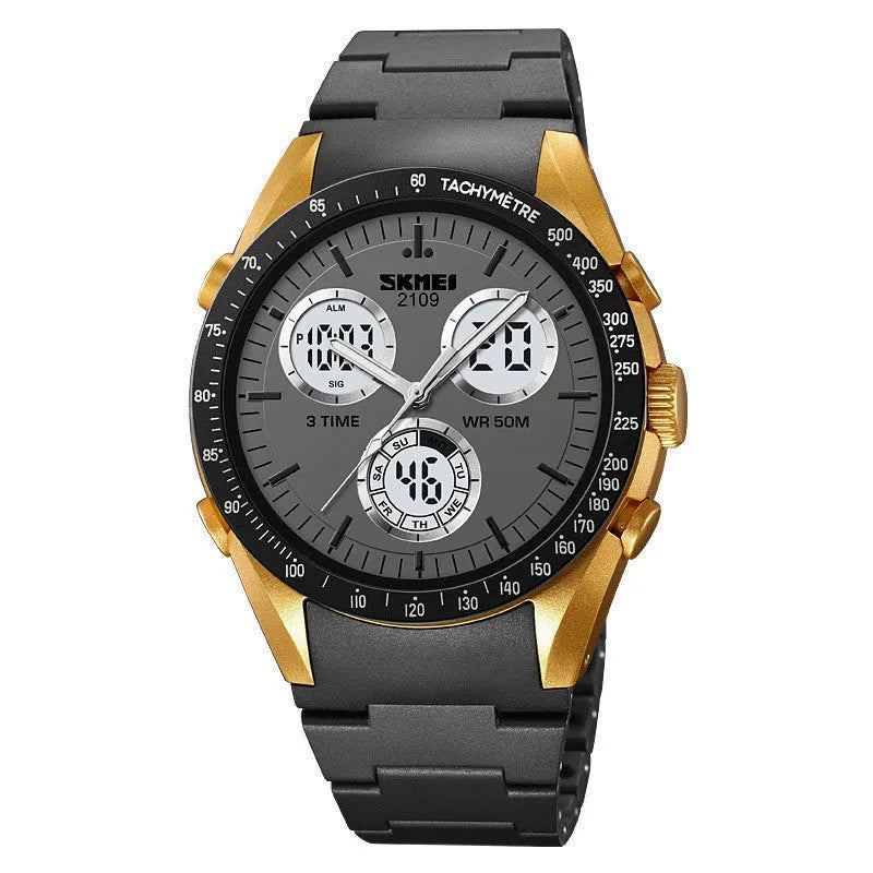Men's and women's electronic casual watch with a black TPU strap and camouflage-pattern dial on a wrist.