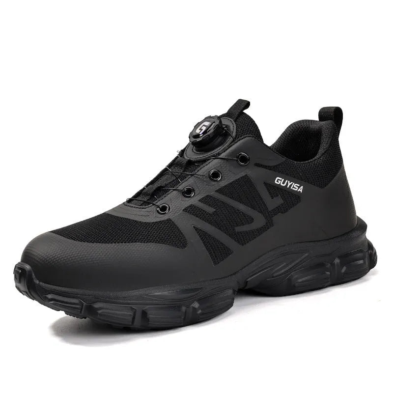 Lightweight black safety shoes with steel toe cap and flyknit fabric upper on a work floor.
