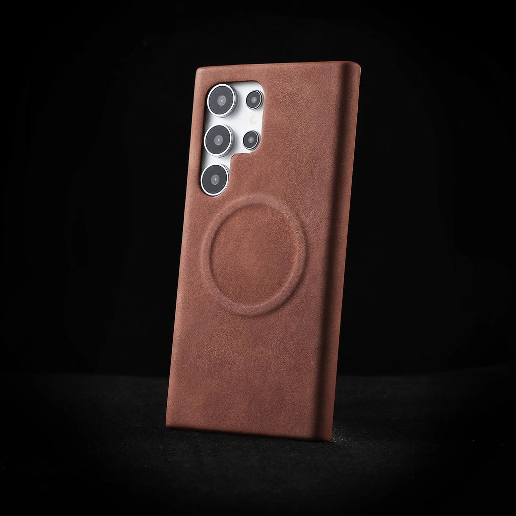 Frosted PU leather phone case for Samsung Galaxy S25 Ultra and S25 in black, brown, chocolate, gray, or white.